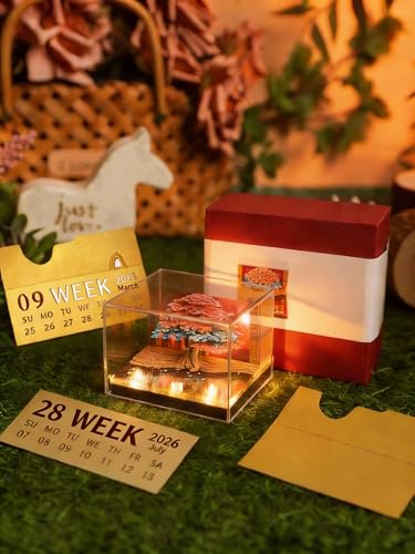 3D Creative Time Piece Calendar 2026 Desk Weekly Calendar Decoration with LED Light and Acrylic Case, Paper Sculpture Non-stick Notes, Paper Carving Art Craft Chirstmas Gift (Tree House) - color: blossom treehouse with LED lighting