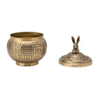 Round Hammered Metal Container with Rabbit Finial, Brass Finish - style: Rabbit