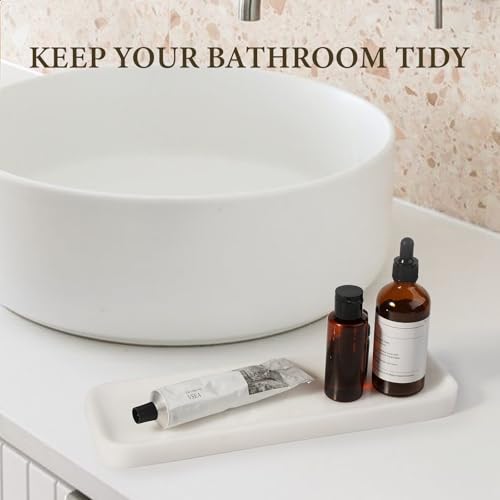 Koville Marble Tray, 12"x4" Marble Vanity Tray for Bathroom Kitchen Countertop Sink, Natural Stone Tray for Home Decor, Decorative Rectangular Narrow Catchall Tray for Jewelry(Namibia Bianco) - color: Namibia Bianco, size: 12" x 4" x 0.7"