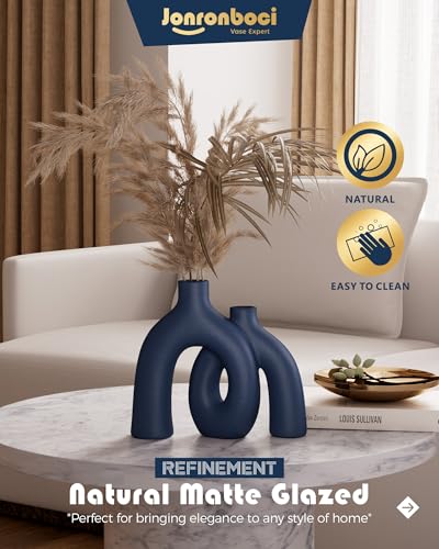 Hug Donut Decorative Vase Set - Navy Blue Vase, Modern Coastal Style Vases Home Decor, Matte Ceramic Decorations for Living Room Shelf, Bookshelf Mantle Entryway Table or Console Décor (Navy Blue) - color: Navy Blue