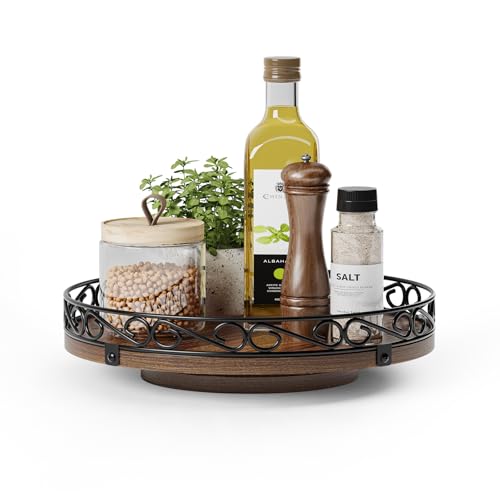 10" Lazy Susan Turntable Organizer for Table Top, Round Wooden Lazy Susan for Cabinet, Farmhouse Decorative Tray for Coffee Table, Kitchen Organizer Countertop, Center Piece Decor, Rustic Brown - color: Rustic Brown, size: 10 Inch