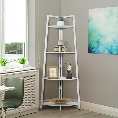 CAPHAUS Tall Corner Shelf Stand, 4-Tier Display Shelves, Ladder Corner Wood Storage Plant Bookshelf with Metal Frame, Versatile Shelving Unit Bookcase for Home Office Space, White - color: White, size: 4-Tier