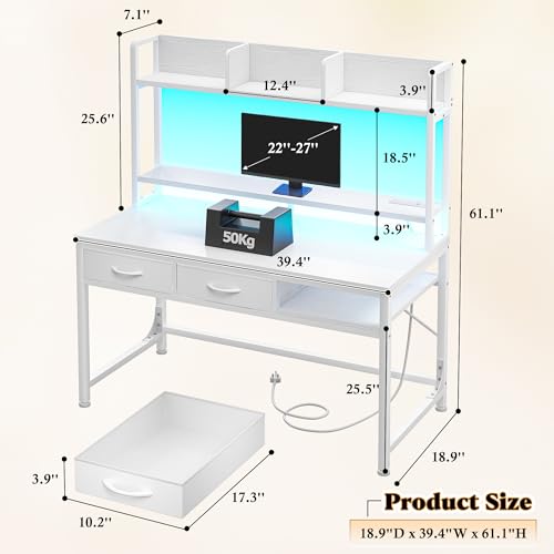 DurayLoly 39.4" Computer Desk with Storage Rack & Monitor Stand, Gaming Desk with LED&Power Outlet, Computer Desk with Hutch &2Drawers,Modern Study Writing Desk for Bedroom Home Office,White - color: White, size: 18.9"D x 39.4"W x 61.1"H