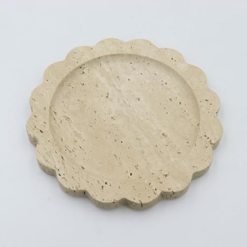 Round Marble Decorative Tray with Scalloped Edge, Luxury Natural Stone Bathroom Vanity Tray, Dresser Top Perfume Coffee Home Kitchen Sink Tray, Key Trinket Ring - color: Beige Travertine