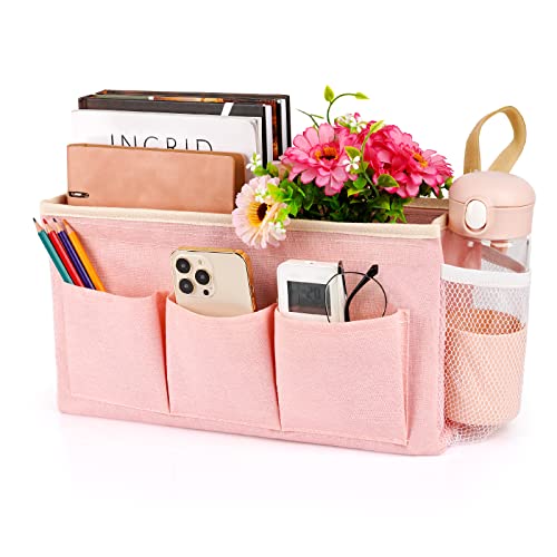 Lilithye Bedside Organizer with Fixed Straps and Water Bottle Holder for Home, College, Dorm, Bunk, Hospital, Crib, Bed Rails - Pink - color: Pink