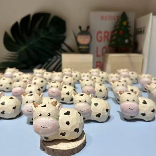 Small Wooden Milk Cow Figurines Craft, Hand-Carved Painted Milk Cow Figurine with Base, Cute Desktop Decor, Wooden Animal Statue Art Collectibles，Unique Gift for Animal Lovers - color: Milk Cow