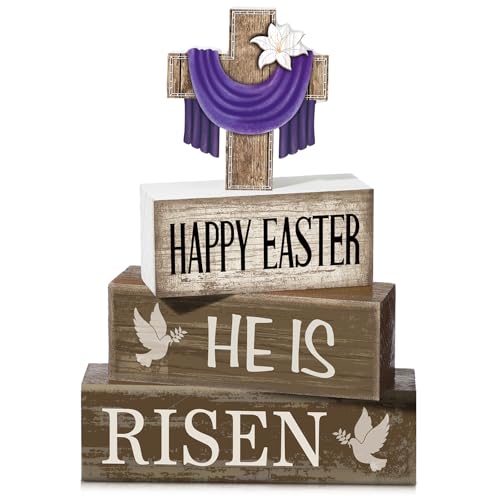 Yuntau 4 Pcs Easter Decorations He Is Risen Wooden Sign Christian Table Centerpiece Religious Cross Tiered Tray Decor Decorative Faux Book Stack Block for Table Fireplace Mantel Floating Shelf - style: Easter