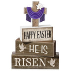 Yuntau 4 Pcs Easter Decorations He Is Risen Wooden Sign Christian Table Centerpiece Religious Cross Tiered Tray Decor Decorative Faux Book Stack Block for Table Fireplace Mantel Floating Shelf - style: Easter