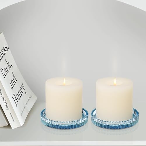 Vixdonos 3.8 Inch Glass Pillar Candle Holder Set Pack 2 Gear Round Plate Serrated Candle Stand for Table Centerpieces,Party, Wedding and Home Decor - color: Blue