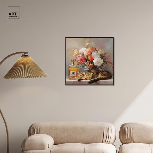 Art Remedy Cat Floral Vase Perfume Canvas Fashion Pet Art, Black Frame, 24" x 24" - color: Black Frame, size: 25"L x 25"W