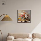 Art Remedy Cat Floral Vase Perfume Canvas Fashion Pet Art, Black Frame, 24" x 24" - color: Black Frame, size: 25"L x 25"W