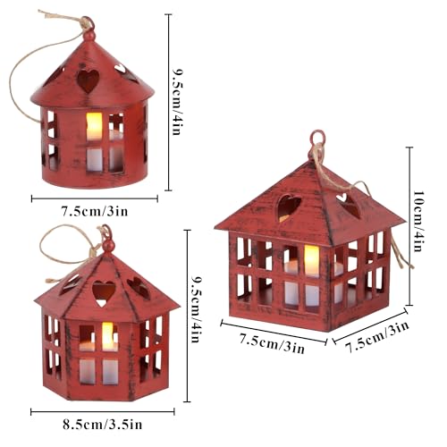TRIROCKS 6 Pcs Mini Table Centerpieces Candle Lanterns 4" H Decorative Hanging Tealight Holders House Bulk for Wedding Farmhouse Christmas Dinner Party Indoor Outdoor Gifts(Wine Red Brushed Black)