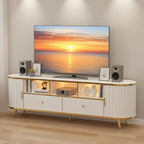 70 inch Fluted TV Stand, Luxury Modern TV Console & Media Entertainment Center for Living Room with Curved Profile, 2 Drawers, Storage Cabinet, and LED Lights, White, Holds TVs Up to 80"