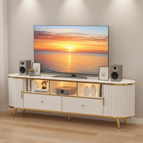 70 inch Fluted TV Stand, Luxury Modern TV Console & Media Entertainment Center for Living Room with Curved Profile, 2 Drawers, Storage Cabinet, and LED Lights, White, Holds TVs Up to 80"