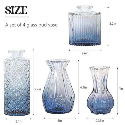 Set of 4 Glass Bud Vase Set, Small Vintage Clear Flower Vase Centerpieces for Table Bulk Cute Rustic Style Mini Vase for Home Decor Wedding Baby Shower Birthday Party(Ombre Blue) - color: Ombre Blue