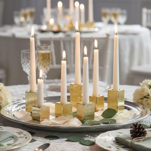 LETINE 12pcs Gold Vertical Stripe Glass Candlestick Holders - Chic Taper Candle Sticks Holder Set for Elegant Dining & Home Decor - Wedding Centerpieces, Parties, and Celebrations - color: Gold