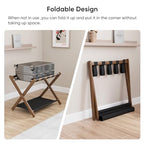 Smuxee Walnut Bamboo Luggage Rack for Guest Room, Foldable Suitcase Stand with Storage Shelf, Easily Assembled Luggage Stand with 5 Nylon Straps for Guest Room Bedroom Hotel - color: Walnut 1PCS