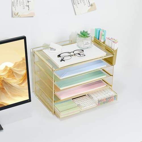 LEKETREE Desk Organizers and Accessories, 5-Tier Paper Letter Tray Organizer with Drawer & 2 Pen Holders, Desktop Organizer for Office Supplies (Gold) - color: Gold, size: 12" x 8" x 10"
