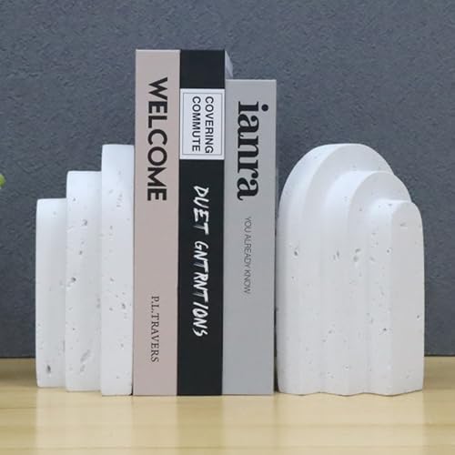 Decorative Book Ends for Shelves - Boho Aesthetic Bookends Decor - Heavy Duty Travertine Book Stopper Holder for Home Office Desk Coffee Table, Gifts for Book Lovers (White) - color: White
