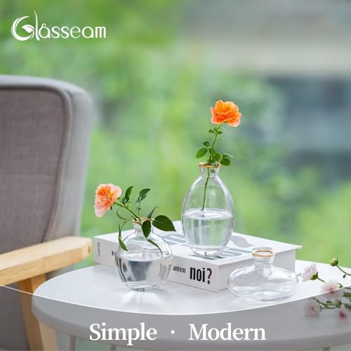 Glass Bud Vase for Centerpieces: 12Pcs Glasseam Gold Rim Mini Small Vases for Flowers Bulk Flower Vase Set Aesthetic Cute Handmade Tiny Short Wedding Table Centerpiece Decor - color: Gold Rim, size: 4 Sets