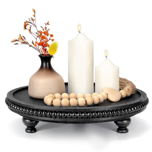 EOSAHR Rustic Round Pine Wooden Display Riser - Farmhouse Wood Riser with Beaded Edge for Plant Stand - Best Boho Chic Decor for Coffee Table , Pedestal Stand Soap Dispenser & Room Decor(Black) - color: Black