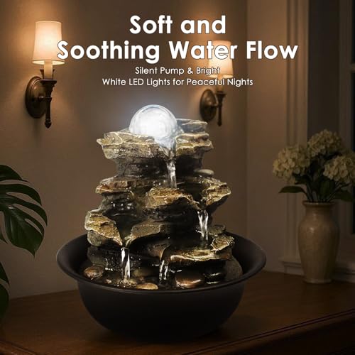 Spinning Orb Rock Cascading Tabletop Fountain, Zen Meditation Indoor Waterfall Feature with LED Light for Home Office Bedroom Relaxation - color: 8 3/10"
