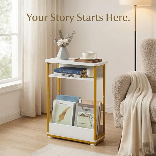 Narrow Side Table,3-Tier Slim End Table with Storage Shelf,Modern Sofa Table Thin Side Table for Small Spaces, Skinny Bedside Table Small Nightstand with Magazine Rack Space Saving/White+Gold - color: White+gold