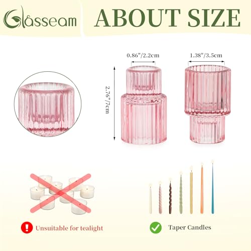 Glasseam Glass Tapered Candlestick Holders: 2 Pcs Ribbed Pink Candle Sticks Holder Decor Modern Fluted Taper Candle Holders for Table Centerpiece Pink Wedding Decor Valentine Dinner Parties - color: Pink