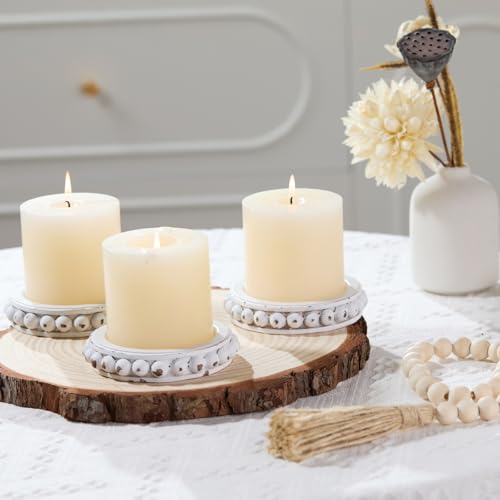 Wooden Candle Holders for Pillar Candles, Set of 3 Wood Beaded Plate with Metal Cup Inserts, 4 Inch Rustic Farmhouse Tray Stand for Fireplace Mantel, Table Centerpiece Decor - White - color: Distressed White