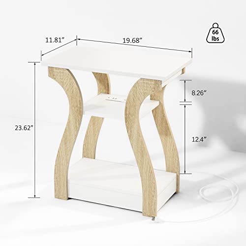 FROMJBEST End Table with Charging Station, Side Table with USB Ports and Outlets, Nightstand, 3 Tier End Table with Storage Shelf for Living Room, Bedroom (White) - color: White