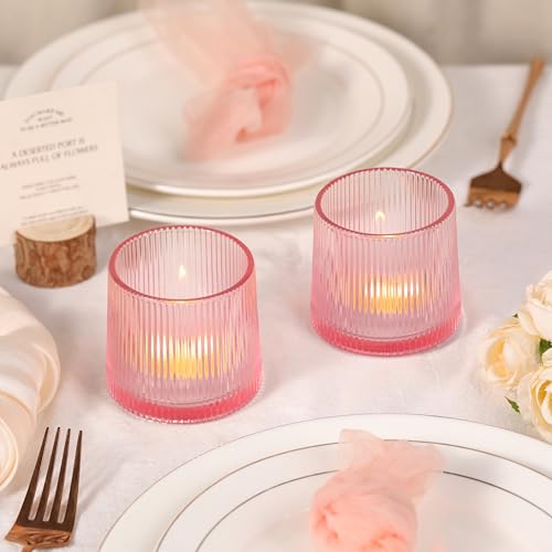 Pink Ribbed Tealight Votive Candle Holders- 6Pack Glass Candle Holders for Table Centerpiece, Home Decor, Wedding Decor, Party Dinner - color: Pink, size: 6Pcs