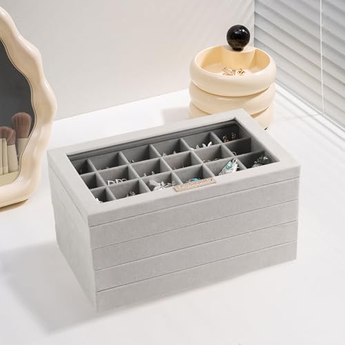 Frebeauty Earring Holder Stackable Jewelry Trays,Velvet Drawer Jewelry Organizer with Glass Lid, 5 in 1 Jewelry Box for Earrings Rings Studs,10.5 x 6.5 x 5.55 Inches Gift for Women (Grey) - color: Grey, size: Set5-B