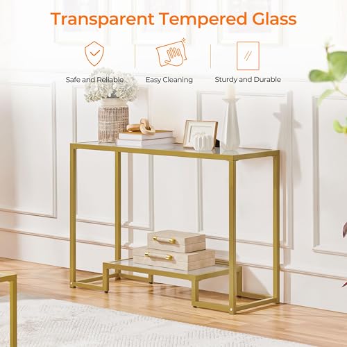 Yaheetech 42 Inch Console Table, Tempered Glass Entryway Table, Narrow Sofa Tables, 2-Tier Hallway Tables, Entrance Stand for Living Room Bedroom, Gold - color: Gold