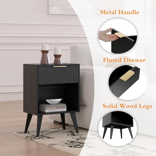 YAUKOMEL Fluted Night Stand with Opening Storage,Mid Century Bedside Table with Drawer,Black Nightstand with Wood Legs,End Table Side Table for Living Room,Bedroom,11.8" Dx15.7 Wx 25.2" H CTG56BK - color: Black