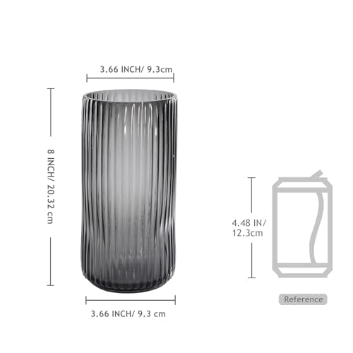 Thick Ribbed Glass Vase for Flowers, 8 Inch Tall Grey Cylinder Vase for Centerpieces, Decorative Modern Flower Vases for Bouquet, Flower Vases for Desk, Shelves, Dining Table, Home Décor - color: Gray, size: Small - 8''H