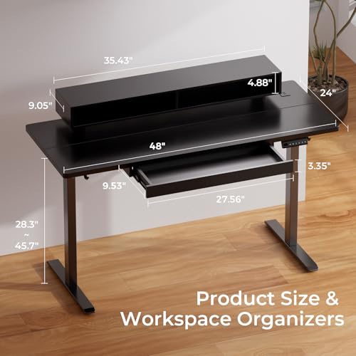GTPLAYER Electric Standing Desk with Drawers, 48 x 24 Inch Height Adjustable Gaming Desk with Monitor Stand, Power Outlets & LED Lights, Home Office Sit Stand Up Desk with Memory Preset (Ebony Black) - color: Ebony Black, size: 48*24"