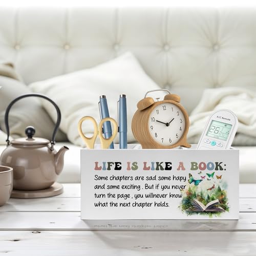 Inspirational Pencil Pen Holder for Desk, Life Is Like A Book Wooden Pencil Holder Organizer for Home Office Library Desk Accessories, Encouragement Gifts for Women - color: Color-Desk accessories white 12