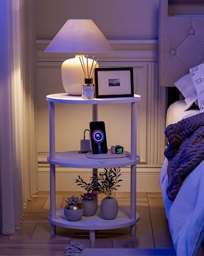 Small Round Side Table - 3-Tier Oval Accent Table for Small Spaces, Rustic Wood and Metal Nightstand for Living Room or Bedroom, with Built-in USB Ports and Power Outlet, Marble White - color: Marble White, size: 1-Pack, style: Includes Power Outlets