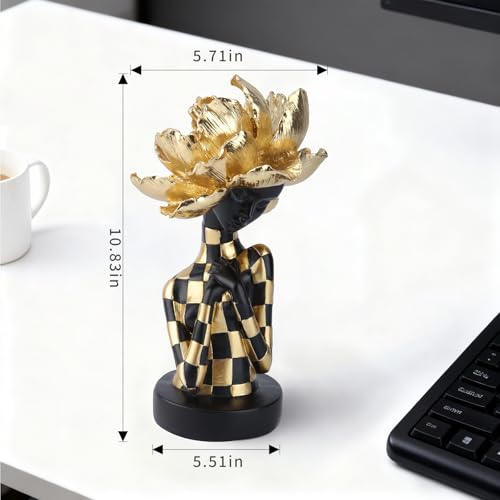 Lescafita African Woman Sculpture with Golden Flower Headpiece – Black and Gold Resin Figurine for Home Decor, Elegant African Lady Statue, Modern Ethnic Art Ornament, Gift for Women - color: 104-gold