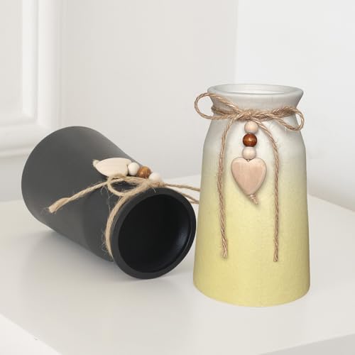 6-Inch Ceramic Flower Vase with Jute Rope & Heart Charm | Perfect for Boho, Farmhouse & Modern Home Décor, Yellow - color: Yellow