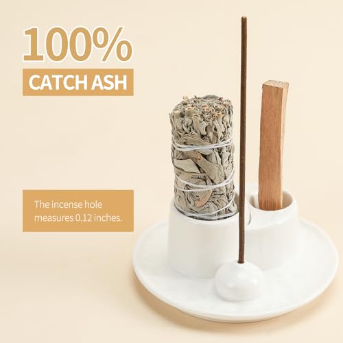 Palo Santo Sticks Holder, Multi-Purpose Handmade Ceramic Incense Burner for Palo Santo Incense Sticks, Sage Holder for Burning, Ash Catcher Tray for Meditation Yoga Room (Pure White) - color: Pure White