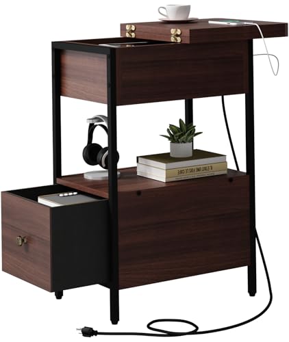 SOOWERY End Table with Charging Station, Narrow Side Table with Flip Top Cabinet and Fabric Drawer, Nightstand Bedside Tables for Small Spaces, Bedroom, Living Room, Dark Cherry - color: Dark Cherry