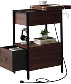 SOOWERY End Table with Charging Station, Narrow Side Table with Flip Top Cabinet and Fabric Drawer, Nightstand Bedside Tables for Small Spaces, Bedroom, Living Room, Dark Cherry - color: Dark Cherry