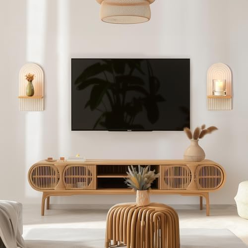 Boho Wall Candle Holder Decor: Mid Century Candle Sconces Set of 2 for Plants Pillar Candles - White Wood Modern Minimalist Arch Candle Shelf Bohemian Art Decor Beside Fireplace TV - color: White