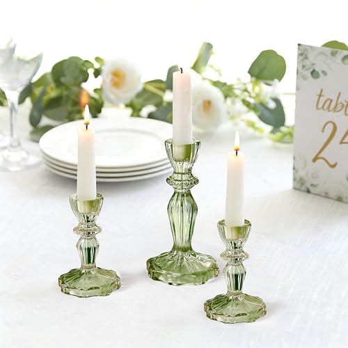 Glass Candlestick Holders Set of 3, Green Stripe Taper Candle Holders for Table Centerpiece, Home Decorations, Wedding and Party - color: Green