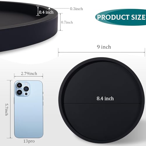 Silicone Bathroom Tray Round Vanity Tray Decorative Soap Holder Kitchen Countertop Organizer Coffee Table Decor for Candle, Perfume, Plant, 9 Inch, Black - color: Black, size: 9"
