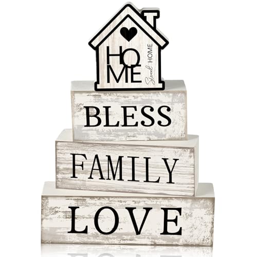 Yuntau 4 Pcs Farmhouse Wooden Tabletop Decor Sweet Home Tiered Tray Decor Rustic Retro Wood Bless Family Love Block Sign Gift Neutral Centerpiece Farmhouse Table Sign for Home Shelf Mantle - style: Sweet Home