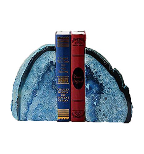 JIC Gem Blue Agate Bookends Geode Book Ends for Shelves Decorative Crystal Bookends Heavy Duty Bookend Bookshelf Decor with Rubber Bumpers(1 Pair, 3-4 LBS) - color: Blue Dyed, size: 3-4LBS.
