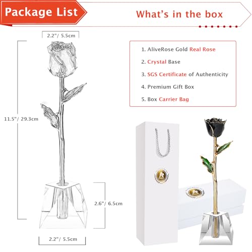 AliveRose Gold Dipped 24K Rose, 24K Gold Rose Made from Real Rose - Unique Design Gold Plated for Anniversary Valentines Mothers Day Birthday Gifts (Black Original with Crystal Vase) - color: 9. Black Original Rose With Crystal Vase
