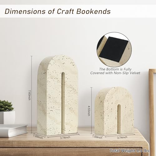 BOHDK Book Ends for Shelves, Resin Heavy Duty Decorative Bookends, Retro Arch Book Holder for Heavy Books, Imitation Travertine Book Stopper for Home Decor, Study, Bookshelf, Desktop, Set of Two